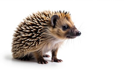 Obraz premium Brown hedgehog standing, facing left, white backdrop, visible spines, mammal, brown, closeup