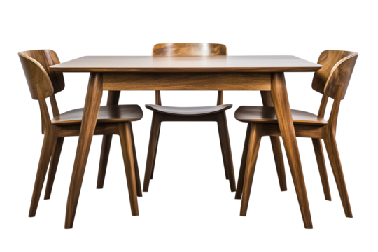 Set of modern wooden table with chairs isolated on a transparent or white background, cut-out, PNG