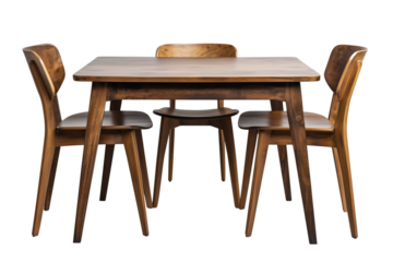 Set of modern wooden table with chairs isolated on a transparent or white background, cut-out, PNG