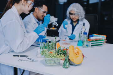 Team Asian scientists in a lab conducting food research using a microscope and lab equipment,...