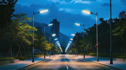 Solar-powered smart street lighting system illuminating a green city. 