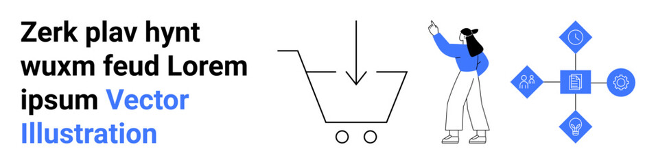 Shopping cart with downward arrow, person in casual clothing pointing, and interconnected digital icons. Ideal for e-commerce, user interface, digital marketing, navigation, innovation, technology