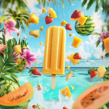 3D Realistic Melona Ice Cream Poster with Pastel Beach Theme