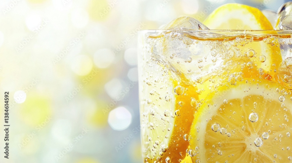 Poster Refreshing ice-cold soda with fizzy bubbles and lemon slices against a bright background on a warm sunny day