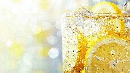 Refreshing ice-cold soda with fizzy bubbles and lemon slices against a bright background on a warm sunny day