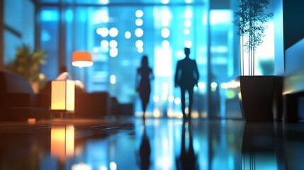 Couple walking hotel lobby, night city view, business meeting