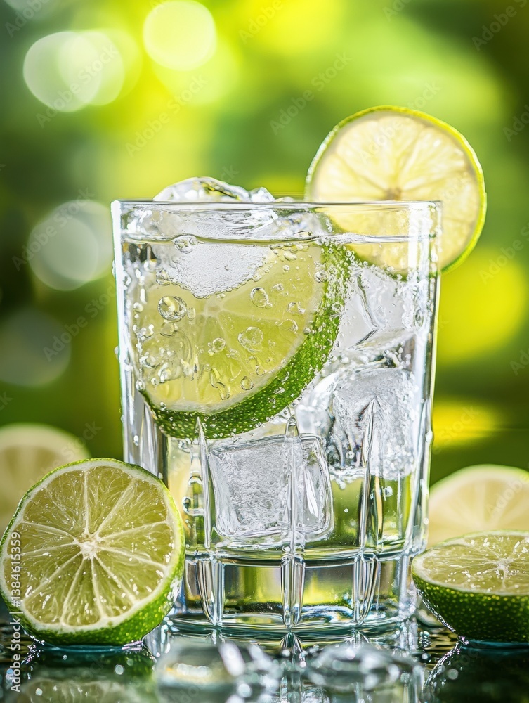 Poster Refreshing cold lemonade with ice cubes and lime slices in a bright summery setting
