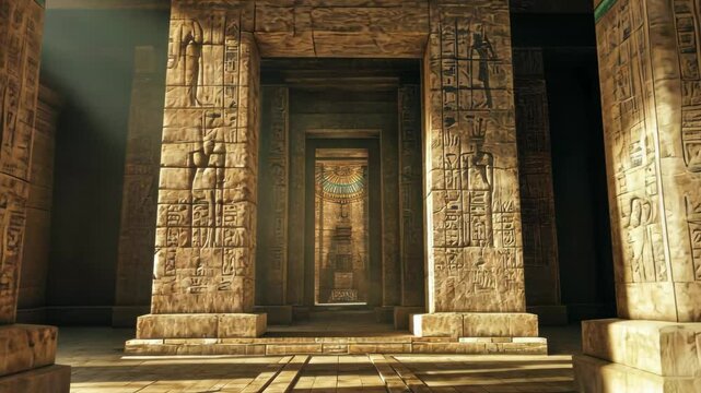 Ancient Egyptian temple showcasing intricate hieroglyphics and architectural marvels in a timeless atmosphere, ancient Egyptian temple with hieroglyphics, Seamless ing video background