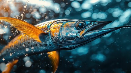 Metallic fish with golden fins swims underwater.