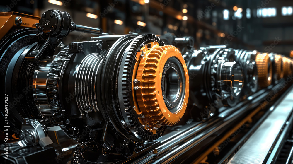 Poster High tech machinery factory setting showcases intricate mechanical components with focus precision engineering. vibrant orange accents contrast with metallic surfaces, creating visually striking