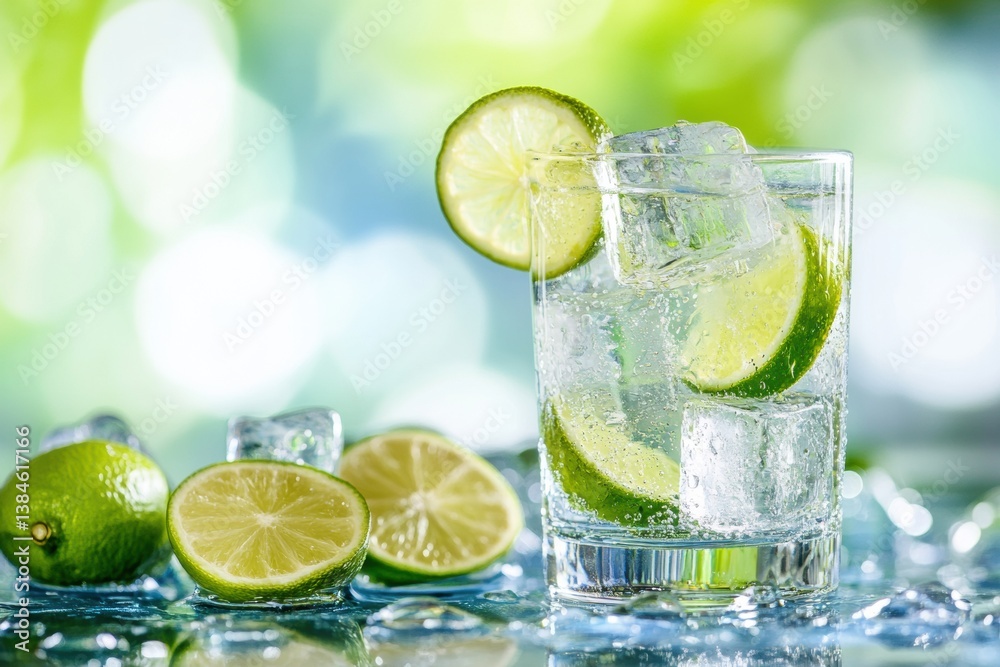 Aufkleber refreshing cold lemonade with lime slices and ice cubes on a bright summer day