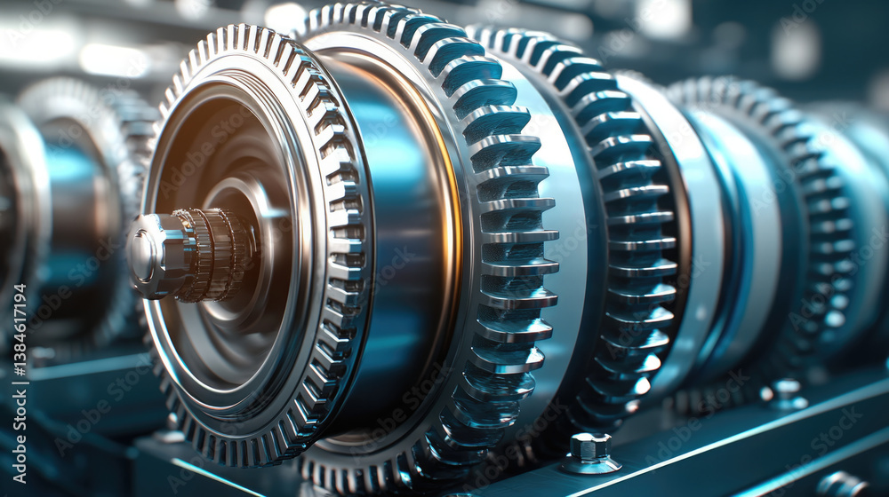 Poster High quality metallic gears and machinery components are showcased this image, highlighting intricate details and precision engineering. shiny surfaces reflect light, creating dynamic visual