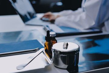 Medical health clinic beautiful Asian doctor working using smart tablet touching, stethoscope diagnosing patient analysis research examination healthcare provider service insurance in modern office