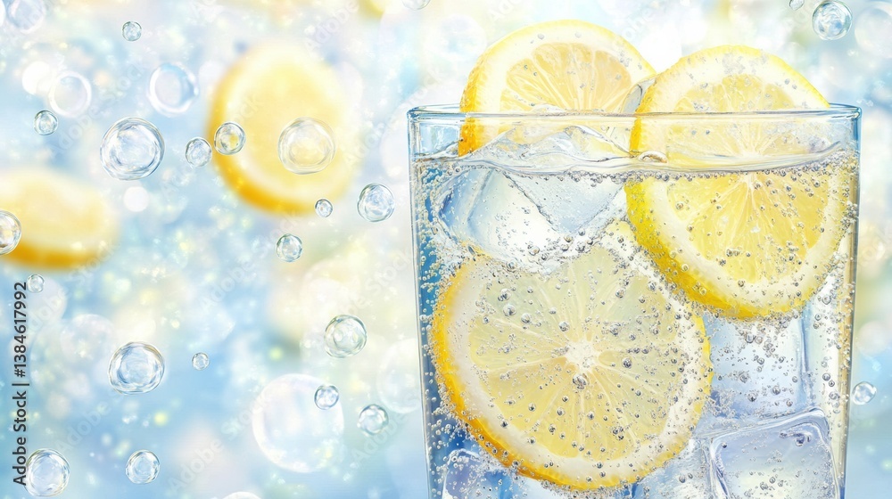 Aufkleber refreshing iced soda with lemon slices and fizzy bubbles against a bright background