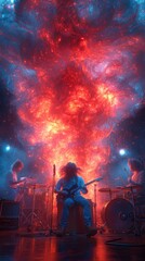 Three musicians performing on stage with a vibrant cosmic backdrop of swirling colors