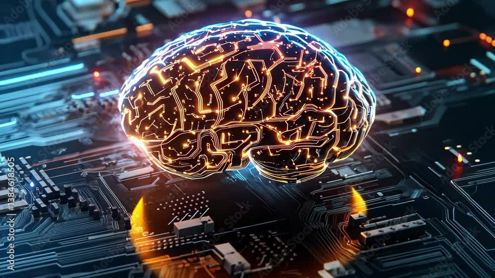 Poster futuristic glowing brain with circuits and neural networks illuminating a digital landscape, futuris