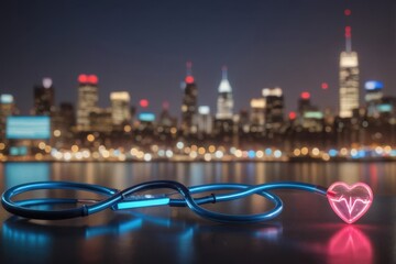 Glowing Stethoscope with Heartbeat Symbol Against New York City Skyline