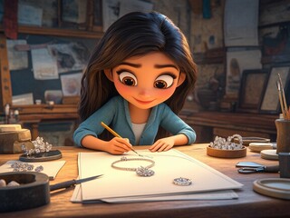 Jeweler girl designs jewelry sketch on paper in workshop creating luxurious accessories