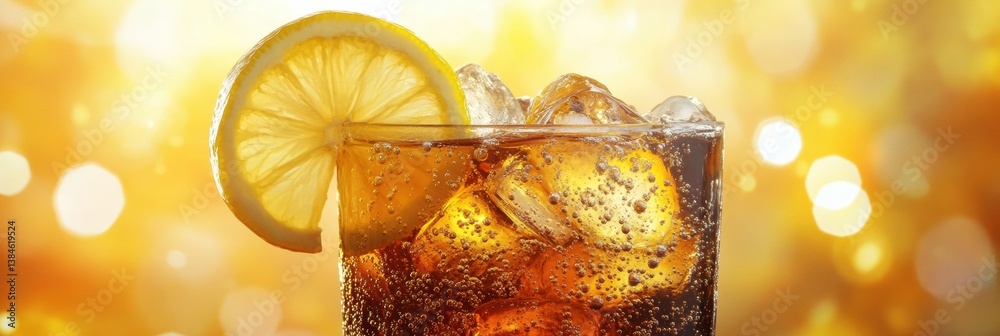 Poster Refreshing ice-cold soda with fizzy bubbles and lemon slices on a bright background capturing summer vibes and thirst-quenching enjoyment