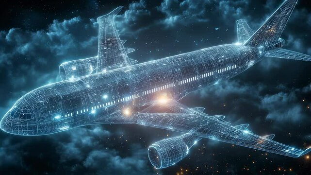 Futuristic glowing hologram of airplane fly in digital interface with innovative aerospace design. Airplane displayed in high-tech blue light, modern aviation technologies and engineering precision