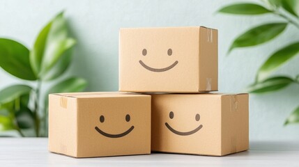 Obraz premium Three smiling cardboard boxes are stacked together, surrounded by green leaves, creating a cheerful and inviting atmosphere.