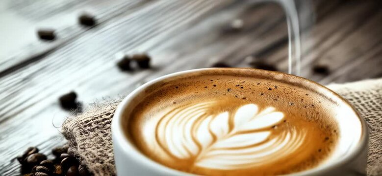 Enjoying warm coffee in a cozy setting with latte art and roasted beans on a wooden table