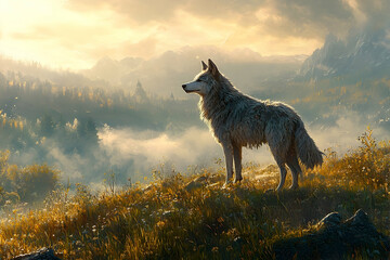 A lone wolf stands proudly on a grassy hilltop during sunrise