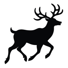 Black Silhouette Of Running Stag With Majestic Antlers On White Background.