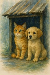 cat and dog resting in the rain.generative ai