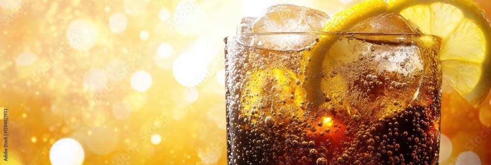 Poster Refreshing ice cold soda with lemon slices and fizzy bubbles against a bright background showcasing ultra-detailed liquid effects