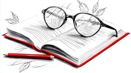 Open Book with Eyeglasses and Red Pencil Sketch Illustration