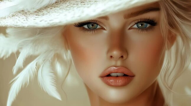 Stunning close-up of a woman with striking blue eyes and elegant hat in soft light showcasing natural beauty and flawless makeup