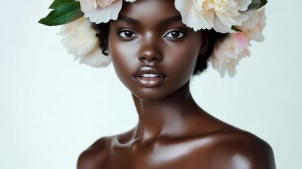 Stunning portrait of a model adorned with a floral crown against a soft backdrop in a serene setting - Powered by Adobe