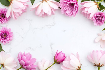 Fototapeta premium pink and white flowers on a white marble background
