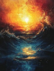 Fiery sunset over restless ocean waves.