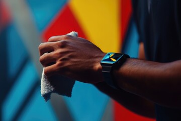 A man's hand holding a cleaning cloth, showcasing a smartwatch against a vibrant, colorful backdrop.