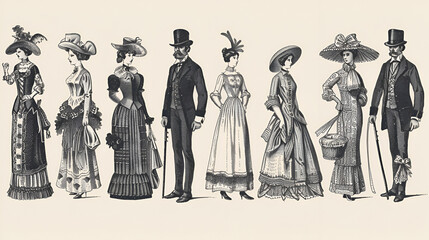 Elegant vintage fashion showcase Victorian era styles and sophisticated designs