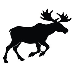 Moose Silhouette Running Isolated On White Background Wildlife Vector Illustration.