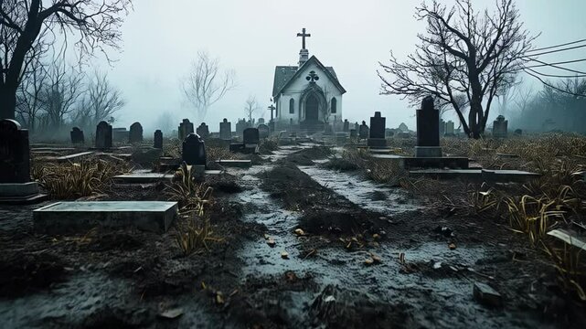Eerie graveyard with an old church surrounded by fog and barren trees in a haunting atmosphere