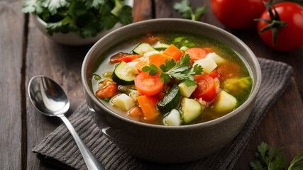 Vegetable Soup: A hearty and healthy soup made with a variety of fresh vegetables like carrots, celery, tomatoes, and zucchini