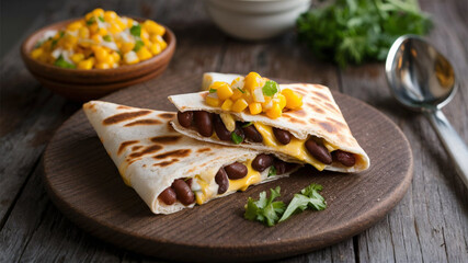 Cheese Quesadilla: Warm cheese and bean quesadilla with a side of corn salsa, simple and delicious.