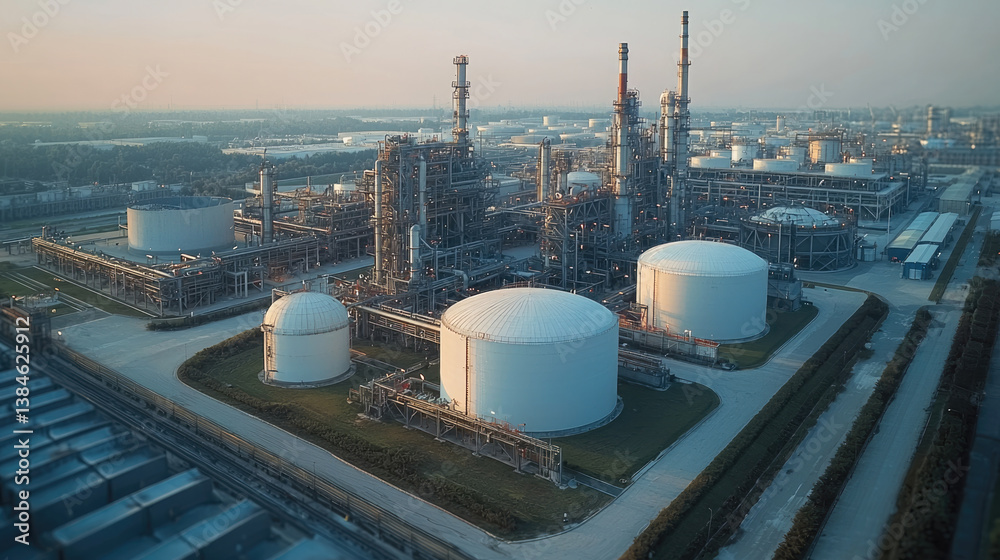 Poster aerial view of large petrochemical plant featuring multiple storage tanks and industrial structures,