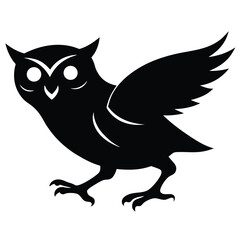 Stylized Owl Icon Flying With Spread Wings In Black Silhouette Vector.