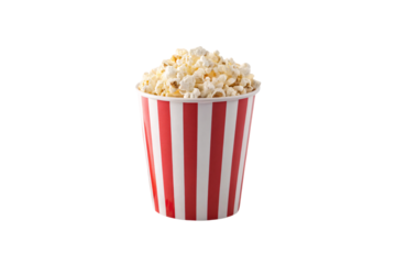 Single red-striped popcorn container filled to the top with fluffy, golden buttered popcorn, isolated on a transparent background