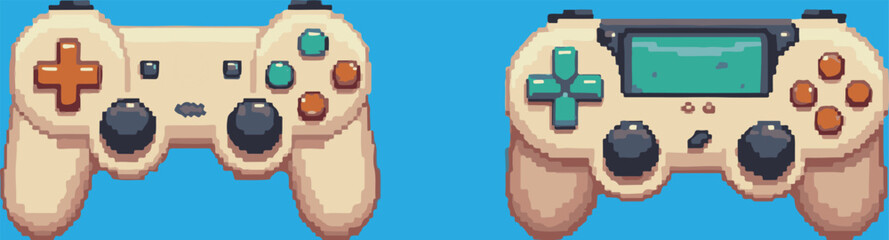 Two types of gamepad in pixel style, joystick emoji and gamepad icons. © Артем Яковенко