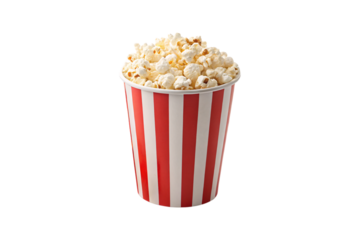 Single red-striped popcorn container filled to the top with fluffy, golden buttered popcorn, isolated on a transparent background
