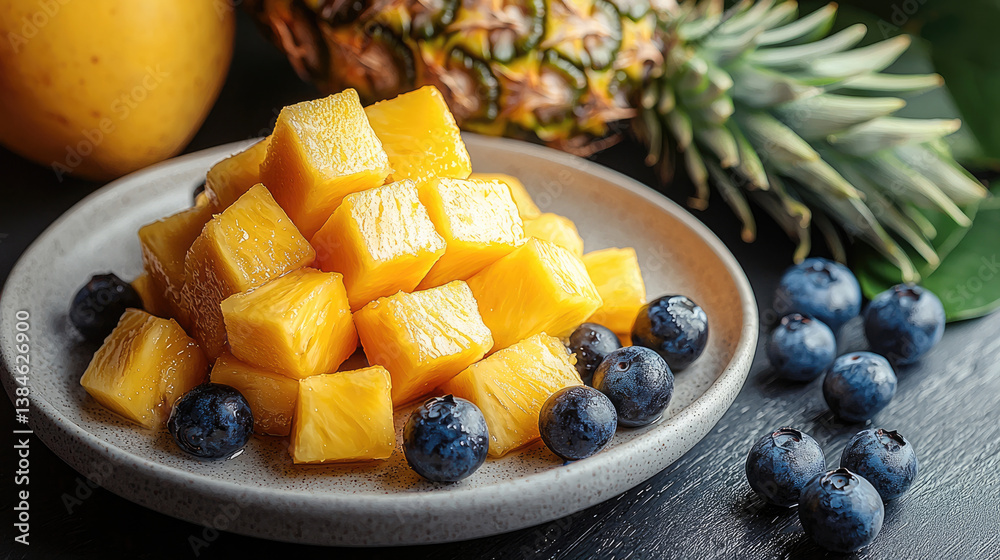 Poster Fresh mango and pineapple cubes are beautifully arranged on plate, surrounded by vibrant blueberries, creating colorful and appetizing display of tropical fruits