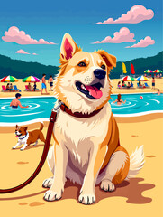 a dog sitting on the beach with people in the background