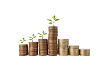 Plant growing on stacks of coins showing financial growth and investment success, isolated on a transparent background