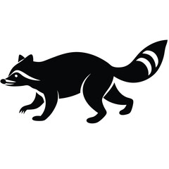 Simple Black Silhouette Of Walking Raccoon Animal Vector Illustration Isolated.
